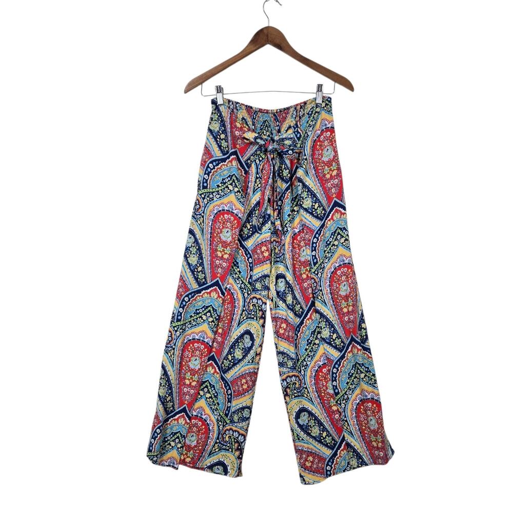McLaughlin Paisley Wrap Front Wide Leg Pants S Boho Resort Split Leg Skirt